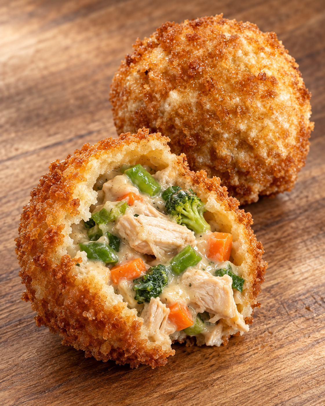 Aufgeschnittene, knusprige Starballs Menükugel mit Hähnchen und Gemüse