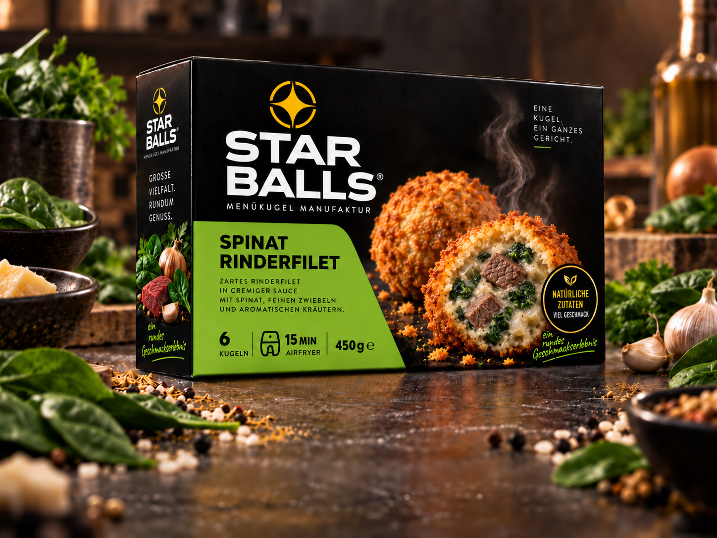 Starballs Spinat Rinderfilet Packung mit knuspriger Menükugel